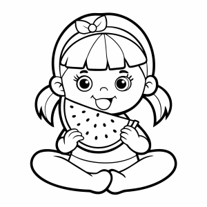 Menina comendo melancia sentada para colorir