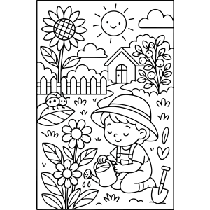 Menina cuidando do jardim de girassóis para colorir