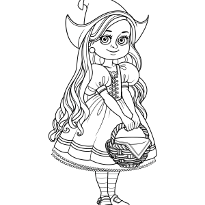 Menina de bruxa com cesta de doces para colorir