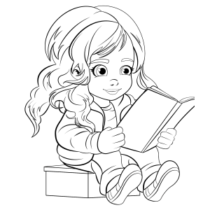 Menina de cabelo comprido lendo sentada para colorir