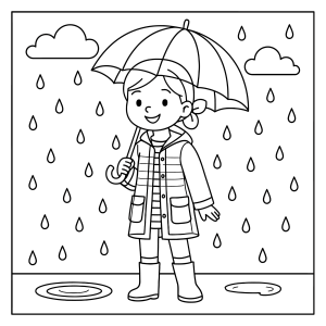 Menina de capa de chuva com guarda-chuva para colorir