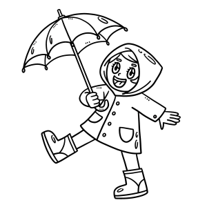 Menina de capa de chuva pulando na poça para colorir