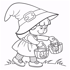 Menina de chapéu de bruxa com o baldinho de doces para colorir