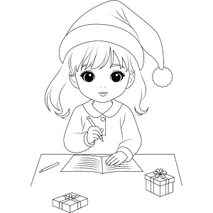 Menina de gorro escrevendo sua carta ao Papai Noel para colorir