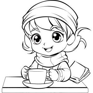 Menina de gorro tomando chocolate quente para colorir