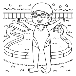 Menina de maiô e óculos na beira da piscina para colorir