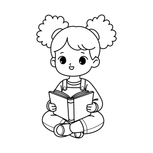 Menina de maria-chiquinha lendo sentada para colorir