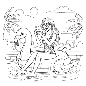 Menina de óculos na boia de flamingo para colorir