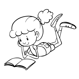 Menina deitada lendo um livro para colorir