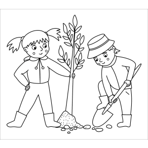 Menina e menino plantando uma muda de árvore para colorir