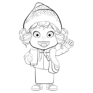 Menina fantasiada de bruxa com a sacola de doces para colorir
