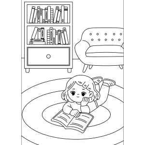 Menina lendo no tapete da sala com estante para colorir