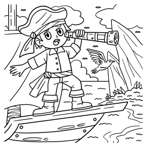 Menina pirata com luneta no navio para colorir