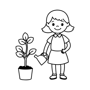 Menina regando a plantinha do vaso para colorir