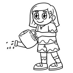 Menina regando as plantas com regador para colorir