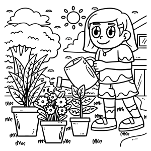 Menina regando os vasos de flores para colorir