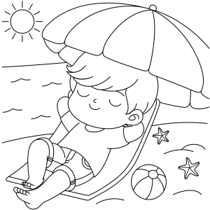 Menina relaxando na cadeira de praia para colorir