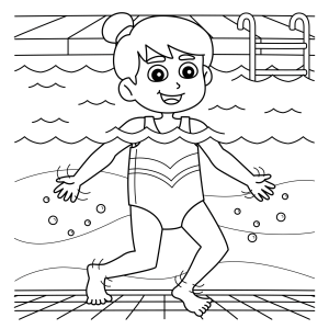 Menina sentada na beira da piscina molhando os pés para colorir
