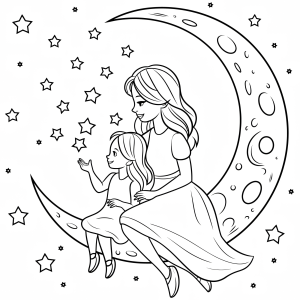 Menina sentada na lua com seu gatinho para colorir