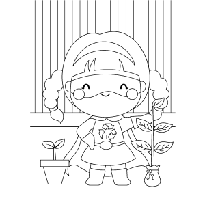 Menina super-heroína cuidando das plantas para colorir