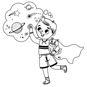 Menina super-heroína sonhando com o espaço para colorir