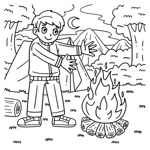 Menino acampando e esquentando as mãos na fogueira para colorir