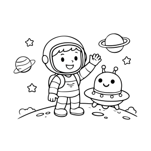 Menino astronauta cumprimentando um alienígena para colorir