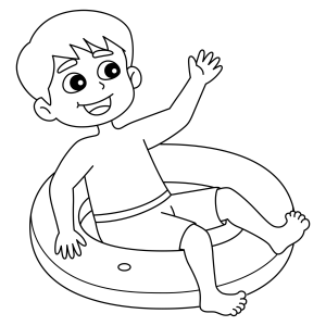 Menino boiando na piscina com boia redonda para colorir