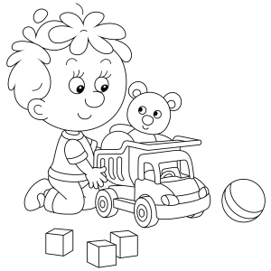 Menino brincando com o caminhão e o ursinho para colorir