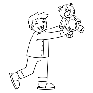 Menino brincando com o ursinho de pelúcia para colorir