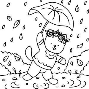 Menino brincando na chuva com guarda-chuva para colorir