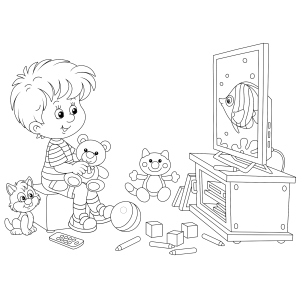 Menino brincando no quarto cheio de brinquedos para colorir