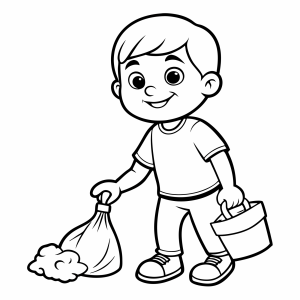 Menino carregando saco de lixo e balde para colorir