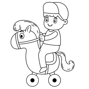 Menino cavalgando no cavalinho de brinquedo para colorir