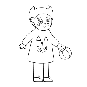 Menino com fantasia de abóbora e cestinha para colorir