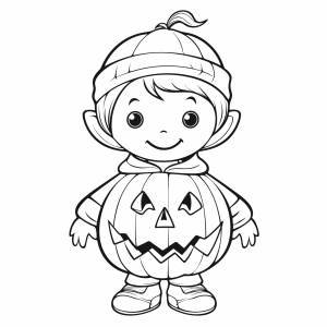 Menino com fantasia de abóbora e gorro para colorir