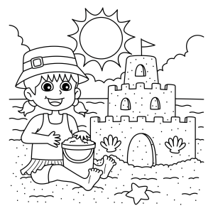 Menino construindo castelo de areia para colorir