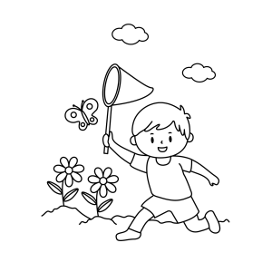 Menino correndo atrás de borboleta com rede para colorir