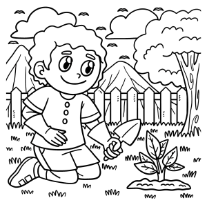Menino cuidando das plantinhas no jardim para colorir