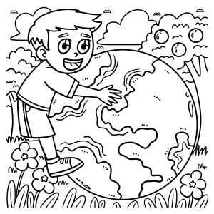Menino cuidando do planeta Terra no jardim para colorir