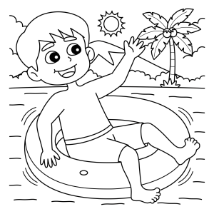 Menino de boia na piscina com coqueiro para colorir