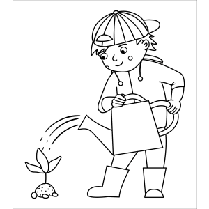 Menino de boné regando a mudinha para colorir