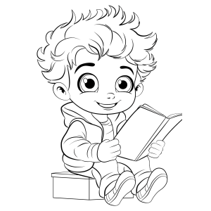 Menino de cabelo cacheado lendo sentado para colorir