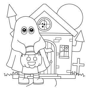 Menino de fantasma pedindo doces na casa para colorir