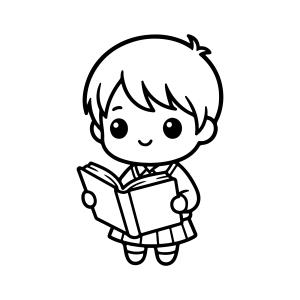 Menino de franja lendo seu livro favorito para colorir
