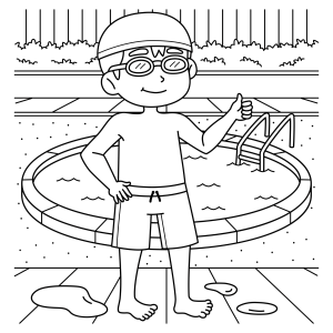 Menino de óculos de natação na piscina rasa para colorir