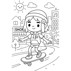 Menino do Toca Boca andando de skate na cidade para colorir