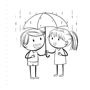 Menino e menina dividindo o guarda-chuva para colorir