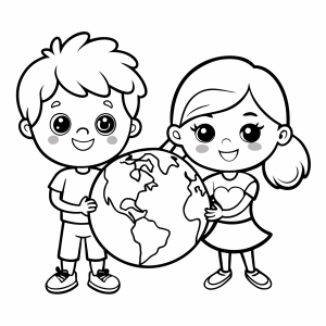 Menino e menina segurando o planeta Terra para colorir