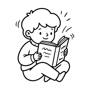 Menino empolgado lendo uma história para colorir